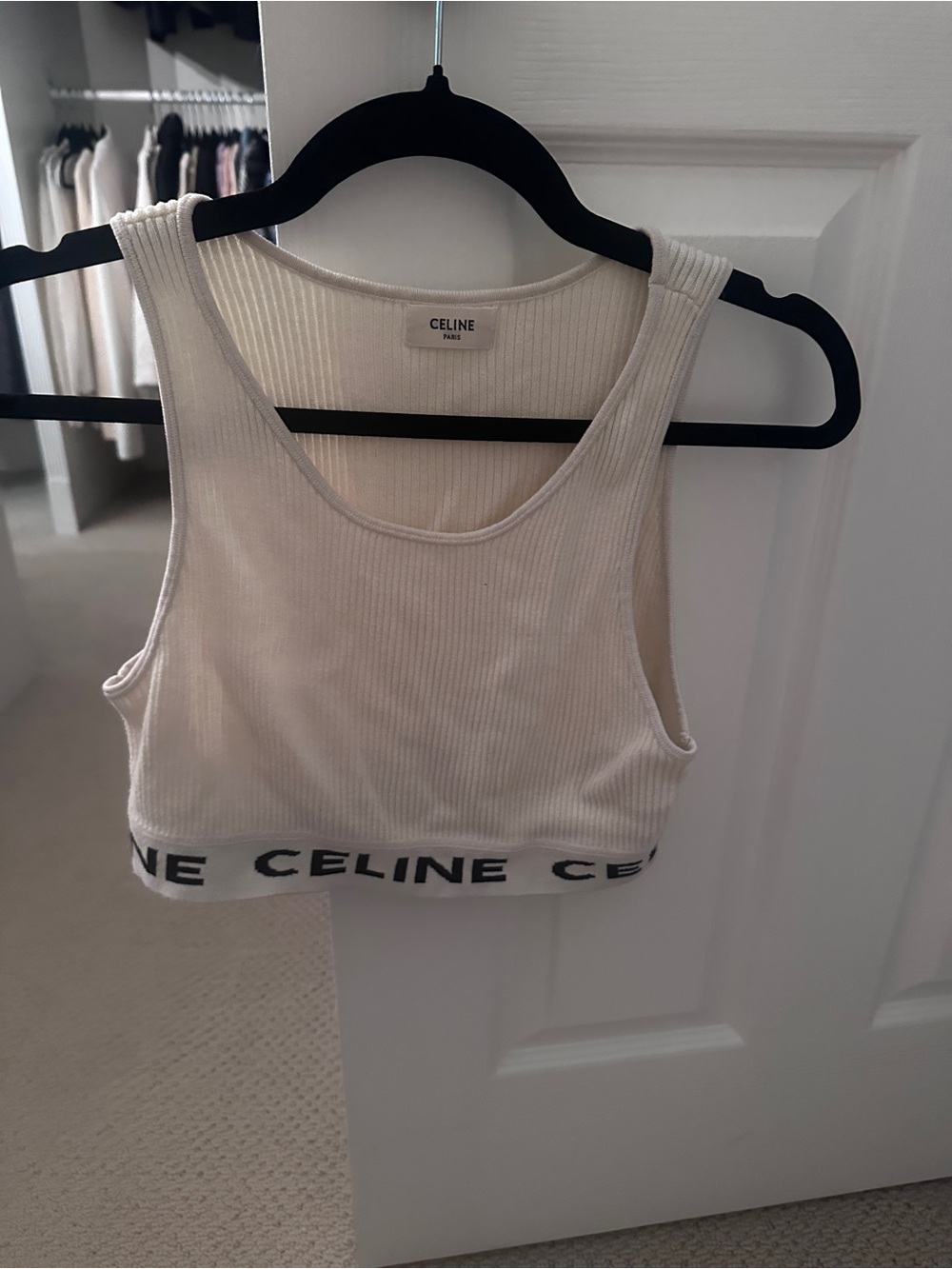 Celine Cream Ribbed Logo Crop Tank